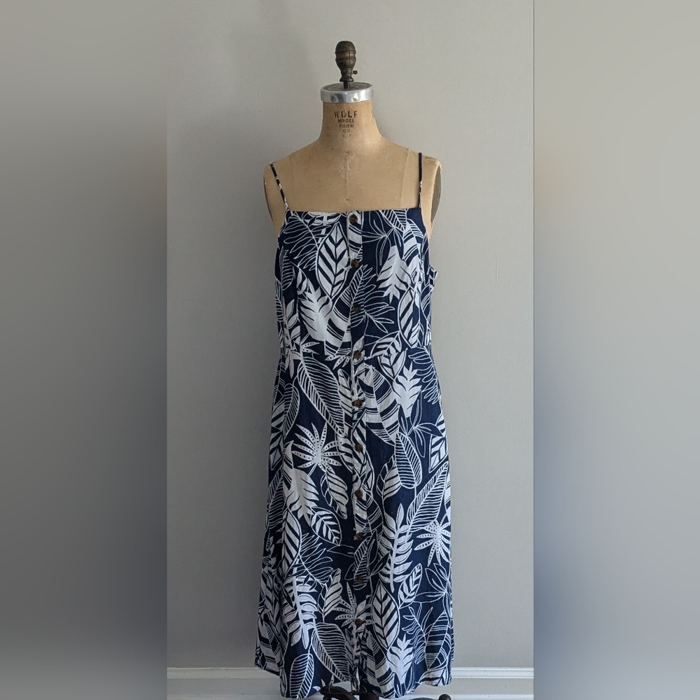Old Navy Linen-Blend Navy Blue & White Tropical Button Front Dress